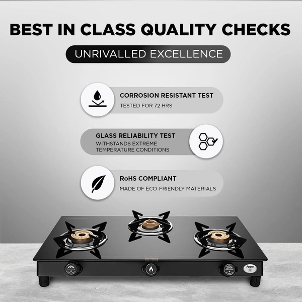 Preethi Bluflame Sparkle Power Duo 3 Burner Glass top Gas Stove with Power Burner and Swirl flame technology, saves gas and cooks faster, Manual Ignition, Black  GTS-403 