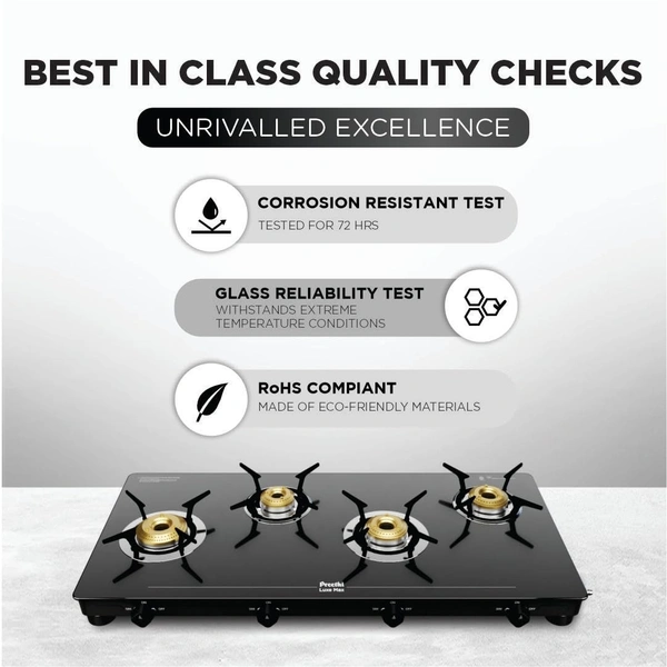 Preethi Luxe Max 4 Burner Glass Top Gas Stove With Driptray Less Infinity Design, With Jumbo Burner, 5 Year Warranty on Glass & Burner, Manual Design, Black  GTS-418  