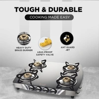 Preethi Blu Flame Jumbo Glass top 4 Burner Gas Stove, Manual Ignition, Black (ISI Certified)   GTS-106