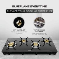 Preethi Luxe Max 4 Burner Glass Top Gas Stove With Driptray Less Infinity Design, With Jumbo Burner, 5 Year Warranty on Glass & Burner, Manual Design, Black  GTS-418  