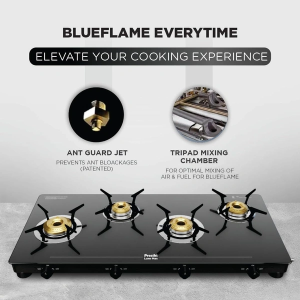 Preethi Luxe Max 4 Burner Glass Top Gas Stove With Driptray Less Infinity Design, With Jumbo Burner, 5 Year Warranty on Glass & Burner, Manual Design, Black  GTS-418  