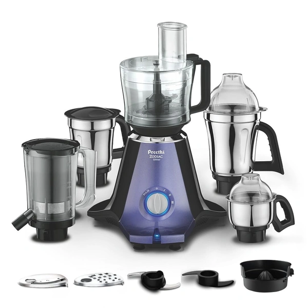  Preethi Zodiac Glitter MG 264, 750 Watt Mixer Grinder, 5 Jars (3 Stainless steel Jars +1 Juicer Jar+1 Master Chef Plus Food processor Jar), Lavender/Black  MG-264  