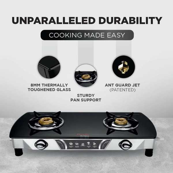 Preethi Bluflame Streak Plus Glass Top 2 Burner Gas Stove, with Jumbo Burner, Manual Ignition, Black  GTS-405