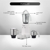 Preethi Popular MG 142 mixer grinder 750-Watt (White), 3 Jars with with 2yr Guarantee & Lifelong Free Service   MG-142
