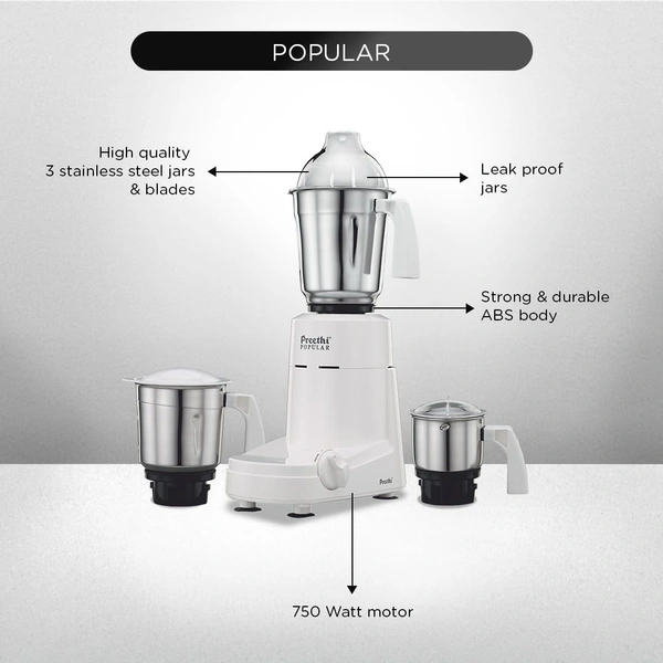 Preethi Popular MG 142 mixer grinder 750-Watt (White), 3 Jars with with 2yr Guarantee & Lifelong Free Service   MG-142