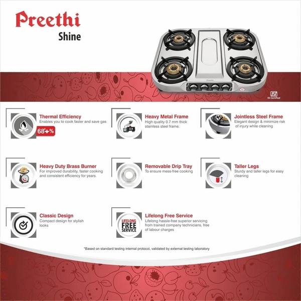 Preethi Shine Stainless Steel Gas Stove 4 Burners I Manual Ignition I ISI Certified I 2 Year Warranty    SSGS-008