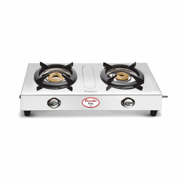 Preethi Fino Stainless Steel Manual 2-Burner Gas Stove | Jointless Body | Removable Drip Tray | Heavy Brass Burner| Ergonomic Knobs  SSGS-002