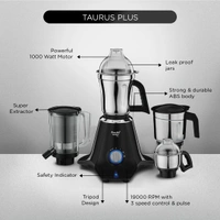 Preethi Plastic Taurus Plus 1000 Watt Mixer Grinder|4 Jars With Super Extractor Juicer Jar,2 Yr Guarantee&Lifelong Free Service,Blue/Black(Mg-257)  MG-257  