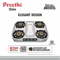 Preethi Shine Stainless Steel Gas Stove 4 Burners I Manual Ignition I ISI Certified I 2 Year Warranty    SSGS-008