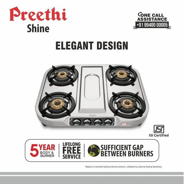 Preethi Shine Stainless Steel Gas Stove 4 Burners I Manual Ignition I ISI Certified I 2 Year Warranty    SSGS-008