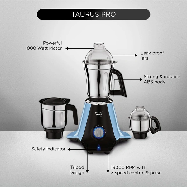 Preethi Taurus Pro Mixer Grinder for Kitchen, 3 Jars 1000 Watt Mixie, Dry and Wet Grinder Jar, 2 Year Warranty, Blue-Black, (Mg-259) Plastic  MG-259