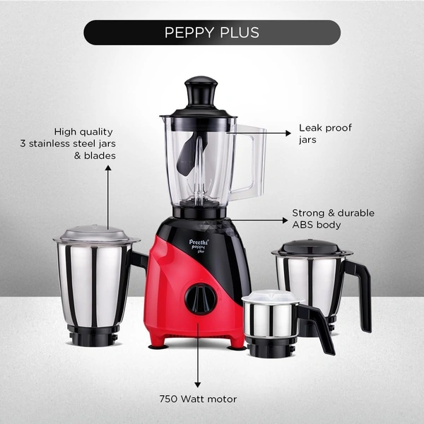 Preethi Peppy Plus MG-246 Mixer Grinder, 750 watt, Red-Black, 4 Jars - Super Food Jar with Texture Builder & 3D Airflow Technology, Vega W5 Motor with 5yr Warranty & Lifelong Free Service, Standard   MG-246
