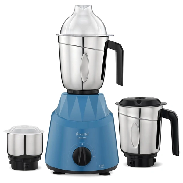 Preethi Plastic Crystal Mg224 Mixer Grinder, 500 Watt, Blue, 3 Jars, Vega W5 Motor With 5Yr Warranty&Lifelong Free Service  MG 224