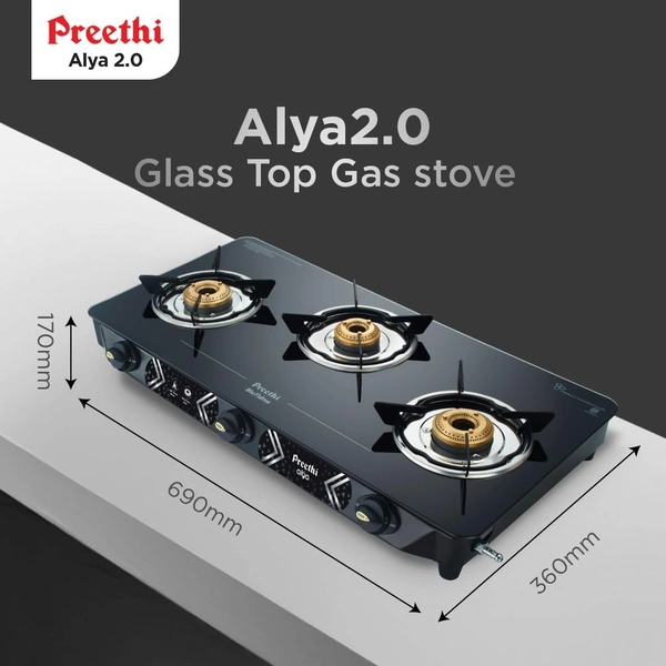 Preethi Alya 3 Burner Glass Top Gas Stove | 5-Year Warranty on Glass & Burners | ISI Certified | GTS-413