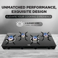 Preethi Luxe Max 4 Burner Glass Top Gas Stove With Driptray Less Infinity Design, With Jumbo Burner, 5 Year Warranty on Glass & Burner, Manual Design, Black  GTS-418  