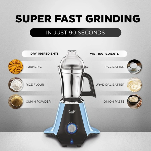 Preethi Taurus Pro Mixer Grinder for Kitchen, 3 Jars 1000 Watt Mixie, Dry and Wet Grinder Jar, 2 Year Warranty, Blue-Black, (Mg-259) Plastic  MG-259