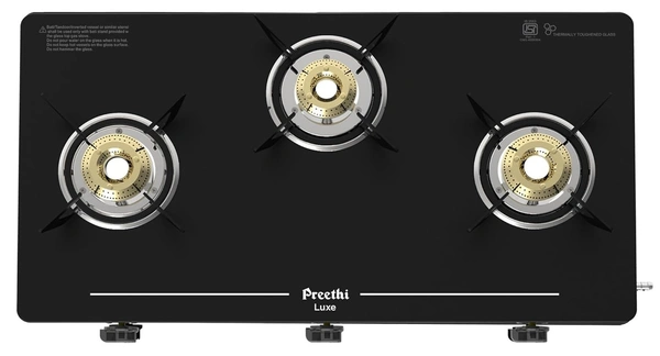 ‎Preethi Luxe 3 Burner Glass Top Gas Stove With Driptray Less Infinity Design, 5 Year Warranty On Glass & Burner, Manual Design, Black  GTS-415