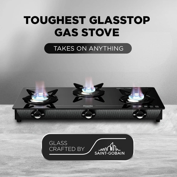 Preethi Valentino glass top 3 burner gas stove, Manual Ignition, Black (ISI Approved with Life Time Brand Warranty)  GTS-121