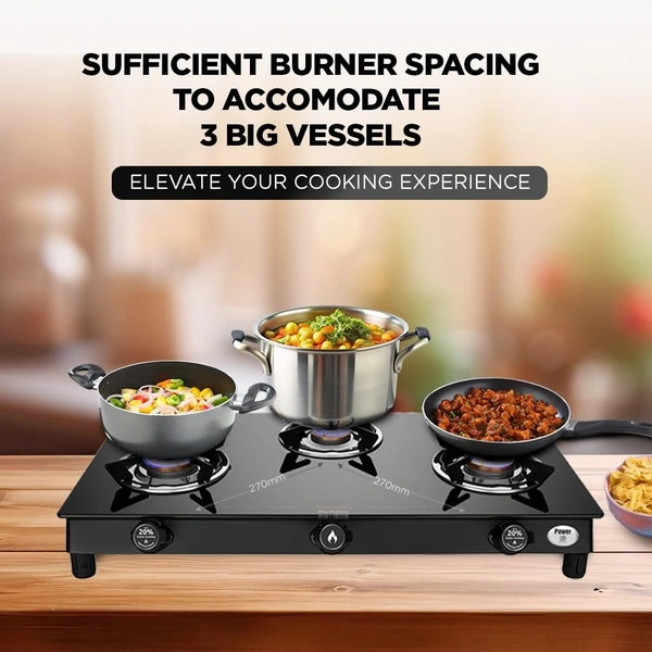 Preethi Bluflame Sparkle Power Duo 3 Burner Glass top Gas Stove with Power Burner and Swirl flame technology, saves gas and cooks faster, Manual Ignition, Black  GTS-403 