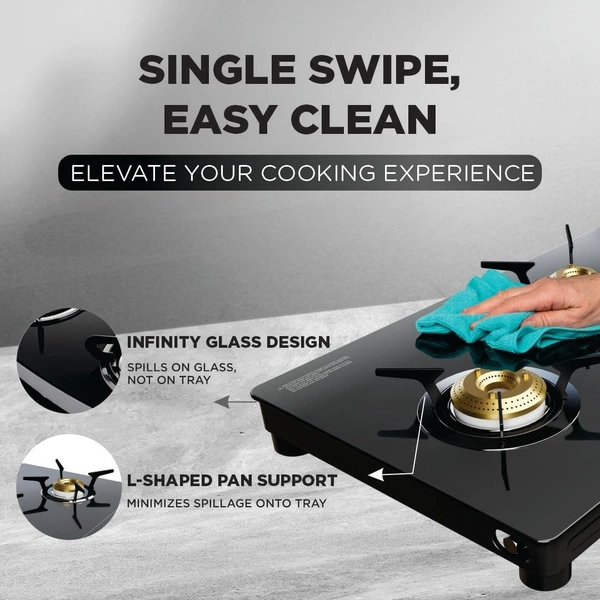 Preethi Tempered Glass Luxe Pro 3 Burner Glass Top Gas Stove With Driptray Less Infinity Design, With Jumbo Burner, 5 Year Warranty On Glass & Burner, Manual Design, Black  GTS-417