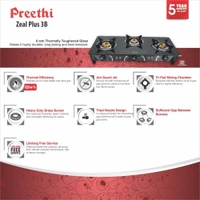 Preethi Blu Flame Zeal Plus Glass Top 3-Burner Manual Gas Stove (Black) (ISI Certified)  GTS-124