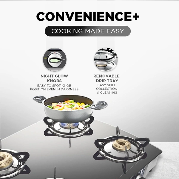 Preethi Blu Flame Jumbo Glass top 4 Burner Gas Stove, Manual Ignition, Black (ISI Certified)   GTS-106