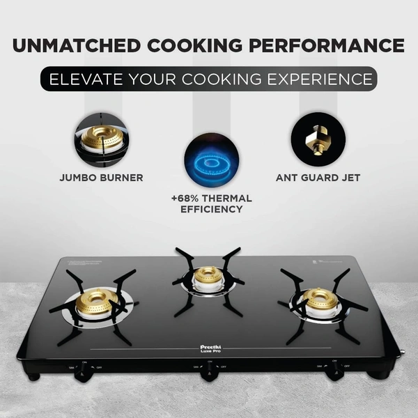 Preethi Tempered Glass Luxe Pro 3 Burner Glass Top Gas Stove With Driptray Less Infinity Design, With Jumbo Burner, 5 Year Warranty On Glass & Burner, Manual Design, Black  GTS-417