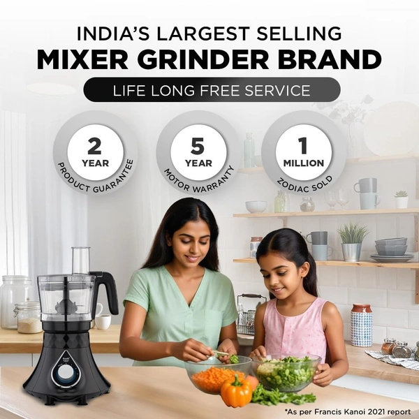  Preethi Zodiac Cosmo MG236 Mixer Grinder 750 watt with 5 Jars Includes Super Extractor juicer Jar & Master Chef + Food Processor Jar, Black MG-236