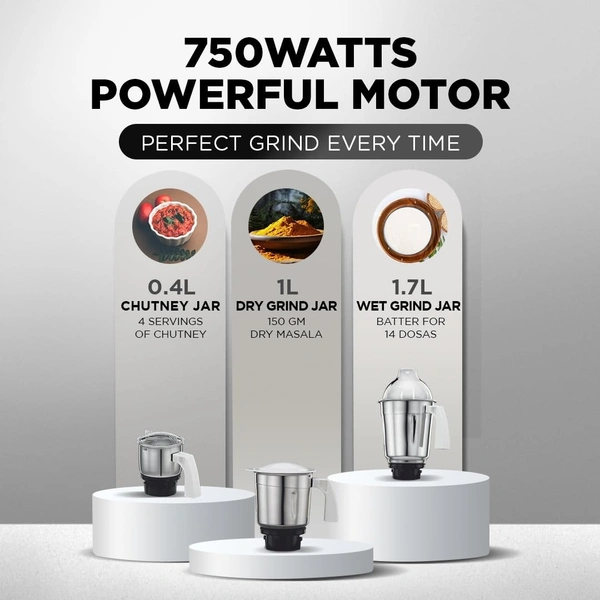 Preethi Popular MG 142 mixer grinder 750-Watt (White), 3 Jars with with 2yr Guarantee & Lifelong Free Service   MG-142