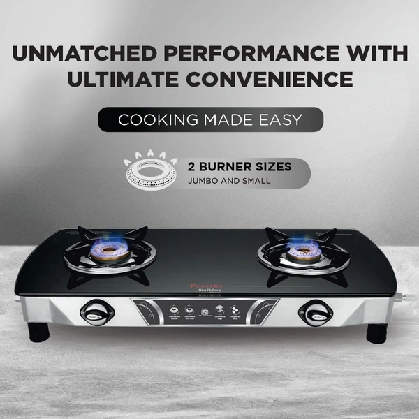 Preethi Bluflame Streak Plus Glass Top 2 Burner Gas Stove, with Jumbo Burner, Manual Ignition, Black  GTS-405