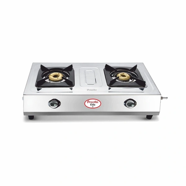 Preethi Elda Stainless Steel 2-Burner Gas Stove | Jointless Body | Bigger Body Size| Removable Drip Tray | Heavy Brass Burner|Gas Lighter Holder,Manual  SSGS-001