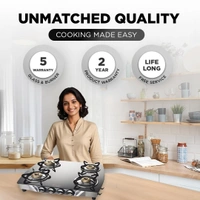 Preethi Blu Flame Jumbo Glass top 4 Burner Gas Stove, Manual Ignition, Black (ISI Certified)   GTS-106