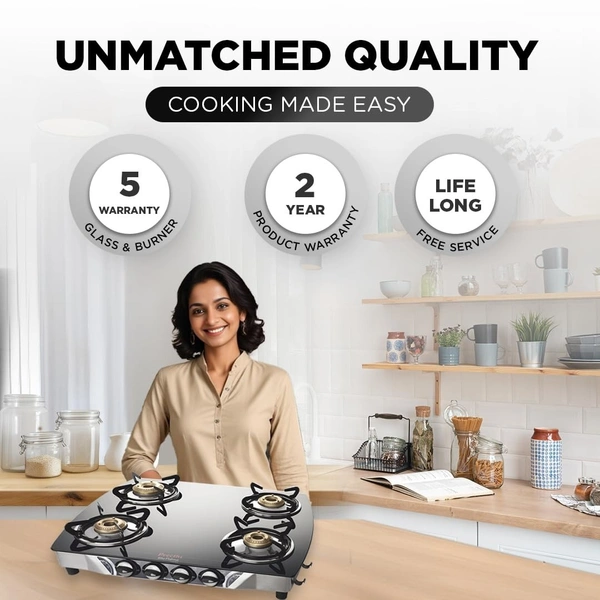 Preethi Blu Flame Jumbo Glass top 4 Burner Gas Stove, Manual Ignition, Black (ISI Certified)   GTS-106
