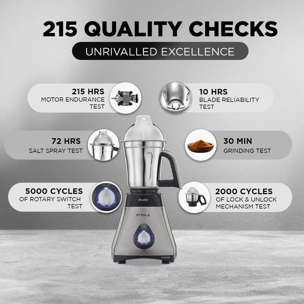 Preethi Steel Supreme MG-208 mixer grinder, 750 watt (Silver/ Black), 4 jars - Super Extractor juicer Jar, Vega W5 motor with 5yr Warranty & Lifelong Free Service  MG-208