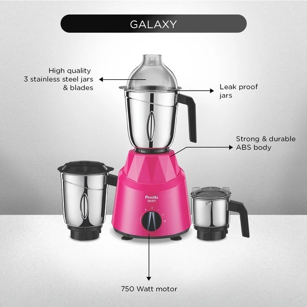Preethi Galaxy MG225 Mixer Grinder, 750 watt, 3 Jars, Pink/Black (3 Jar)  MG-225