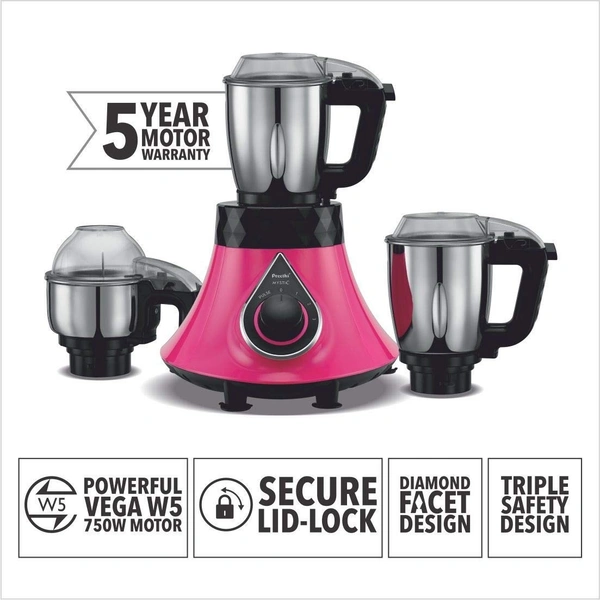 Preethi Mystic MG238 Mixer Grinder, 750 watt with 3 Jars, Pink  MG-238