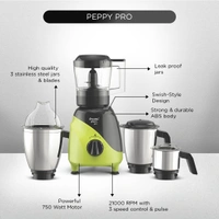 Preethi Peppy Pro Mixer Grinder for Kitchen| 750 Watts Mixie,4 Jars| 5 Yr Motor Warranty & Lifelong free service|Green/Black   MG-247