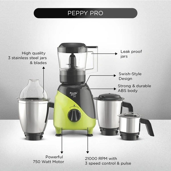 Preethi Peppy Pro Mixer Grinder for Kitchen| 750 Watts Mixie,4 Jars| 5 Yr Motor Warranty & Lifelong free service|Green/Black   MG-247