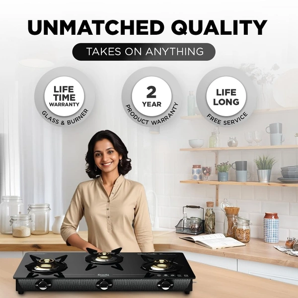 Preethi Valentino glass top 3 burner gas stove, Manual Ignition, Black (ISI Approved with Life Time Brand Warranty)  GTS-121