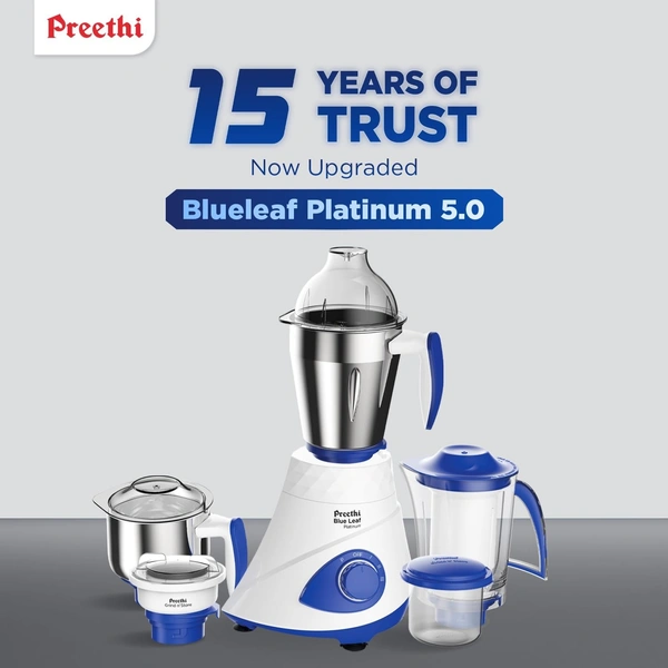  Preethi Blue Leaf Platinum MG 139 mixer grinder, 750 watt, White, 4 jars - Super Extractor juicer Jar & Storage Air-Tight Container, FBT motor with 5yr...  MG-139 