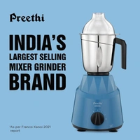 Preethi Plastic Crystal Mg224 Mixer Grinder, 500 Watt, Blue, 3 Jars, Vega W5 Motor With 5Yr Warranty&Lifelong Free Service  MG 224