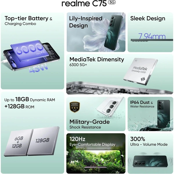 realme C75 5G Smartphone Android 15 Display 6.67" FHD 120Hz 6000mAh Battery 45W Charge 4GB RAM 128GB ROM Dual SIM Support AI Camera Fingerprint WiFi GPS (Black)