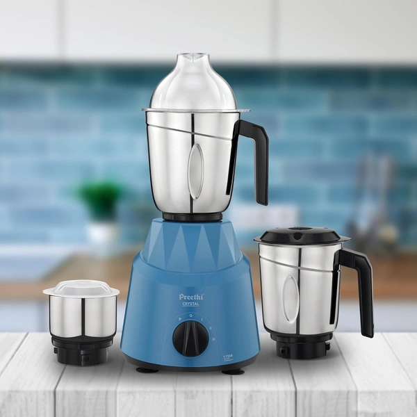 Preethi Plastic Crystal Mg224 Mixer Grinder, 500 Watt, Blue, 3 Jars, Vega W5 Motor With 5Yr Warranty&Lifelong Free Service  MG 224
