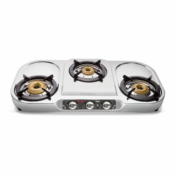 Preethi Topaz Stainless Steel 3 Burner Gas Stove, Manual Ignition, Silver  SSGS-005