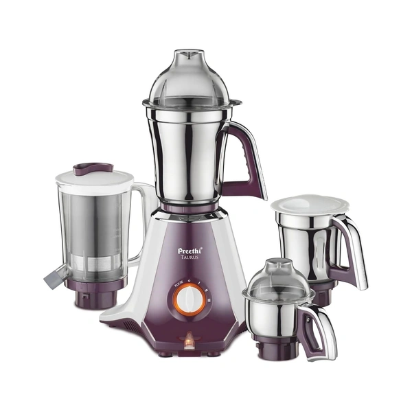 Preethi Taurus MGA 217 mixer grinder 750 Watt (White/Dark Violet), 4 Jars - 3 in 1 Insta fresh juicer Jar, Vega W5 motor with 5yr Warranty & Lifelong Free Service  MG-217