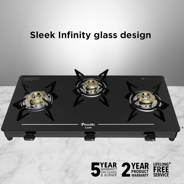 ‎Preethi Luxe 3 Burner Glass Top Gas Stove With Driptray Less Infinity Design, 5 Year Warranty On Glass & Burner, Manual Design, Black  GTS-415