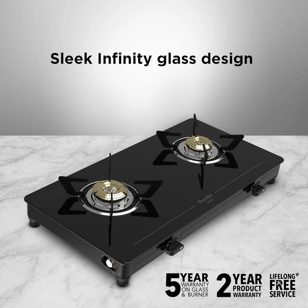 Preethi Luxe 2 Burner Glass Top Gas Stove With Driptray Less Infinity Design, 5 Year Warranty on Glass & Burner, Manual Design, Black  GTS-414