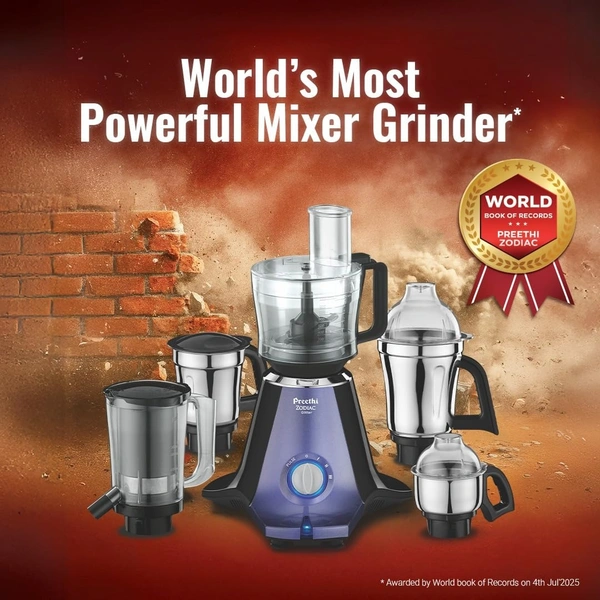  Preethi Zodiac Glitter MG 264, 750 Watt Mixer Grinder, 5 Jars (3 Stainless steel Jars +1 Juicer Jar+1 Master Chef Plus Food processor Jar), Lavender/Black  MG-264  