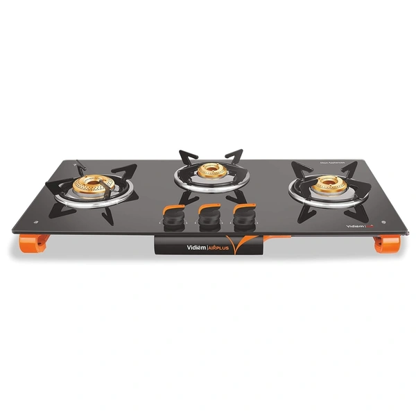 Vidiem AIR Plus 3 Burner Gas Stove Manual Ignition | Toughened Glass Top Gas Stove | Frameless Design | 8mm Glass Cooktop | Orange & Black | ISI Certified |