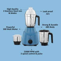 Preethi Plastic Crystal Mg224 Mixer Grinder, 500 Watt, Blue, 3 Jars, Vega W5 Motor With 5Yr Warranty&Lifelong Free Service  MG 224